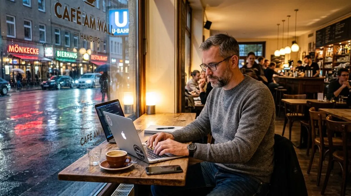 Arbeitet mann notebook cafe fenster strasse hamburg