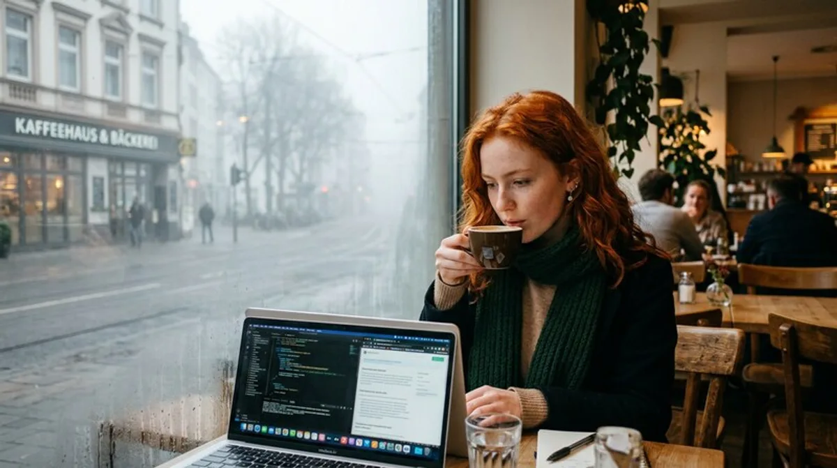 Blickt frau laptop cafe sonnenlicht einfall duesseldorf