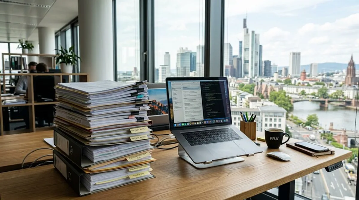 Dokumente gestapelt schreibtisch laptop daneben frankfurt