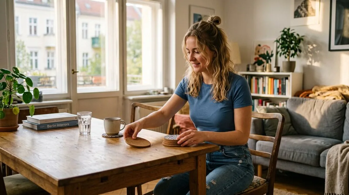 Handy frau wohnzimmer tisch unterlagen daneben berlin