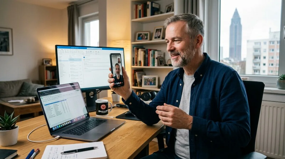 Homeoffice mann handy video anruf schreibtisch frankfurt