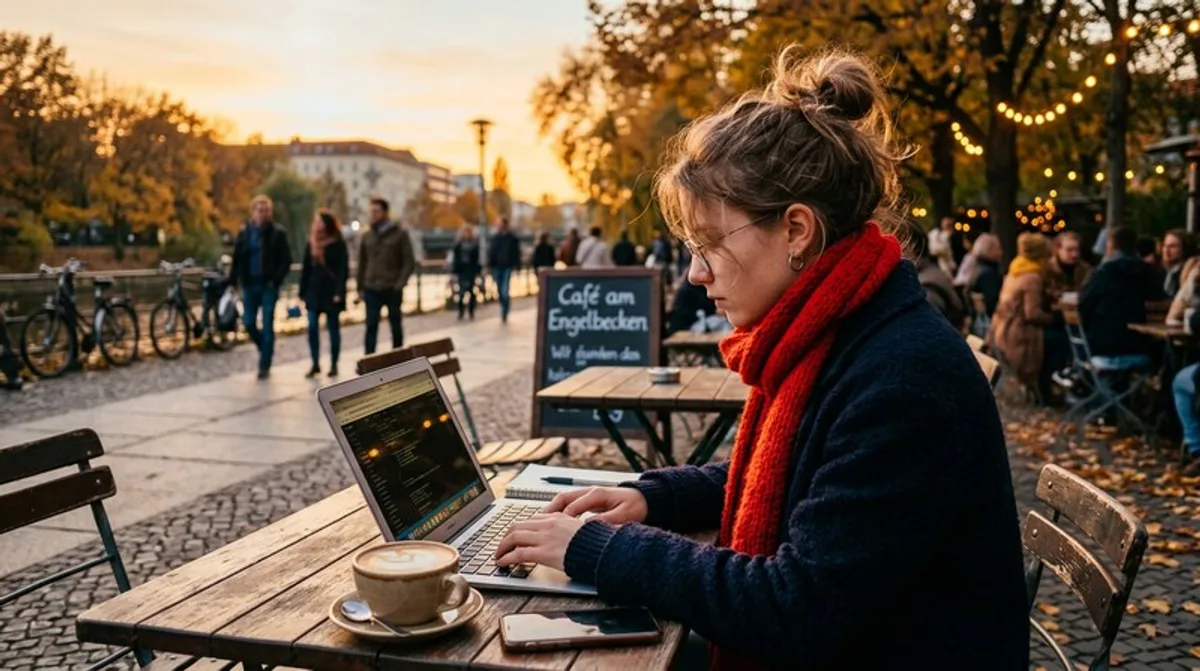 Investor frau laptop kaffee terrasse sonnig berlin