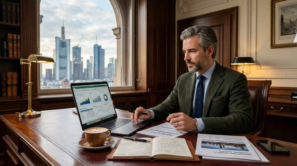 Investor mann laptop kaffee schreibtisch morgens frankfurt