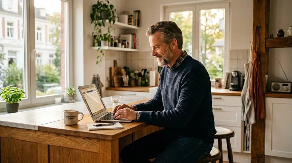 Kueche mann laptop morgens kaffee daneben hamburg