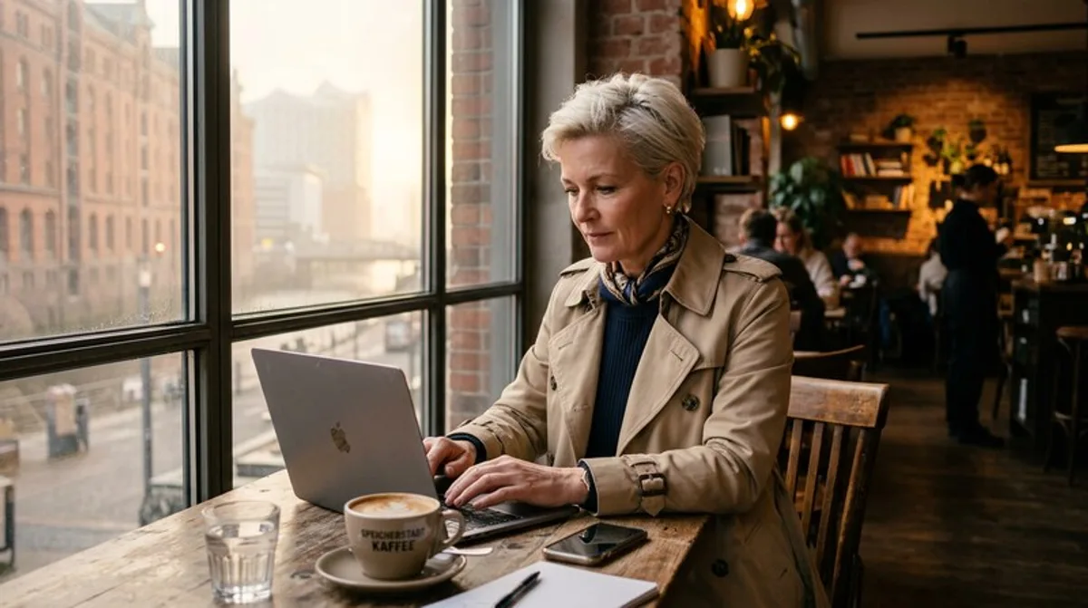 Laptop frau cafe morgens frueh arbeitet hamburg