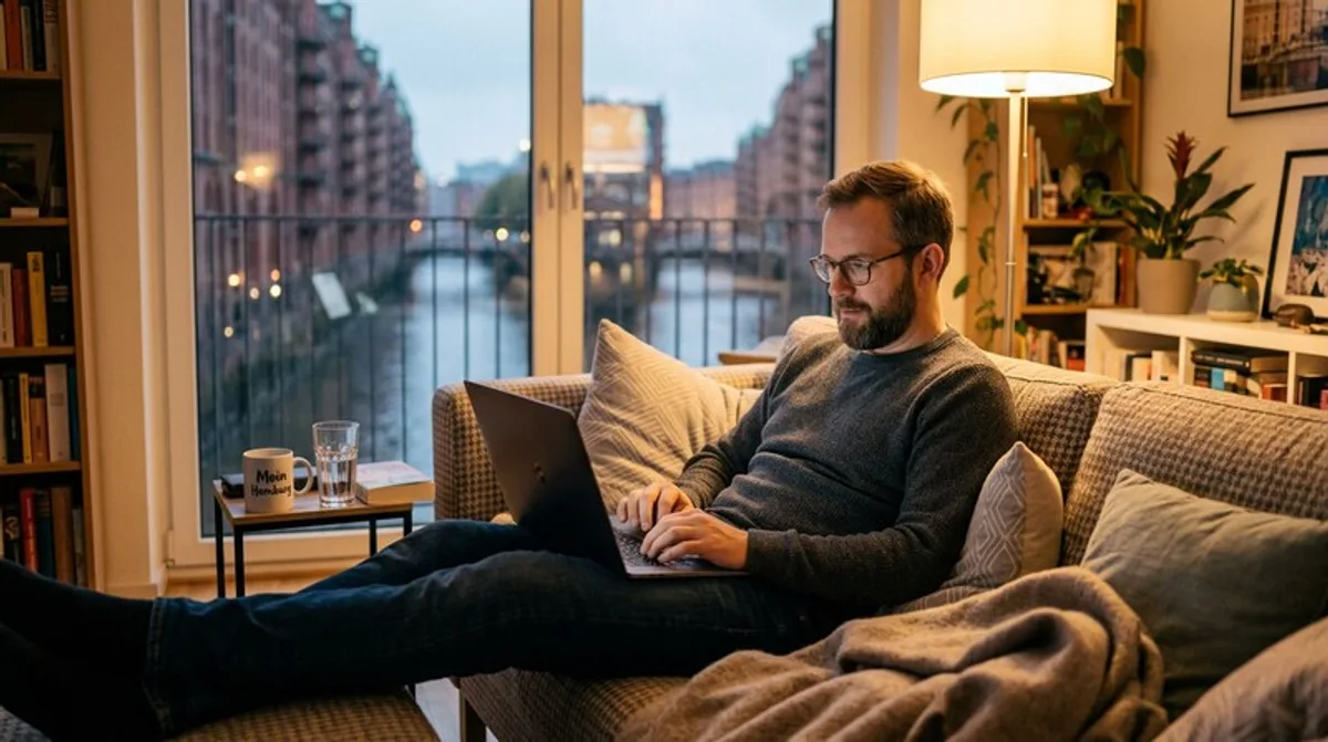 Laptop mann wohnzimmer abends couch kissen hamburg