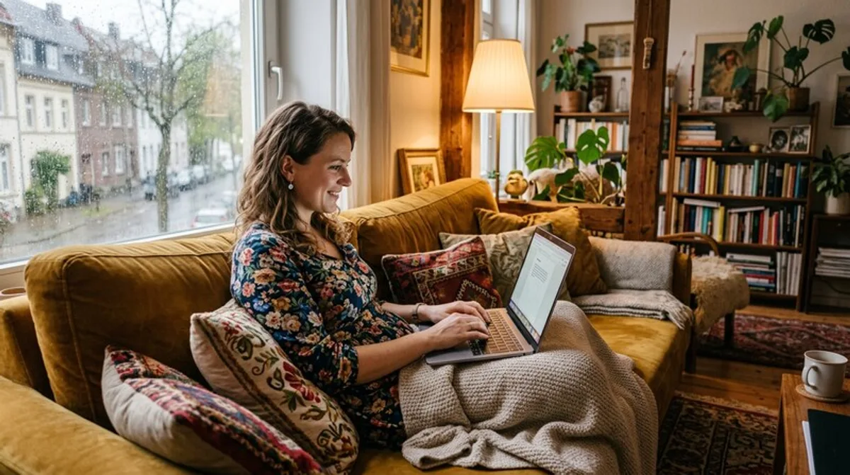 Sofa frau auf laptop knie entspannt hell muenster