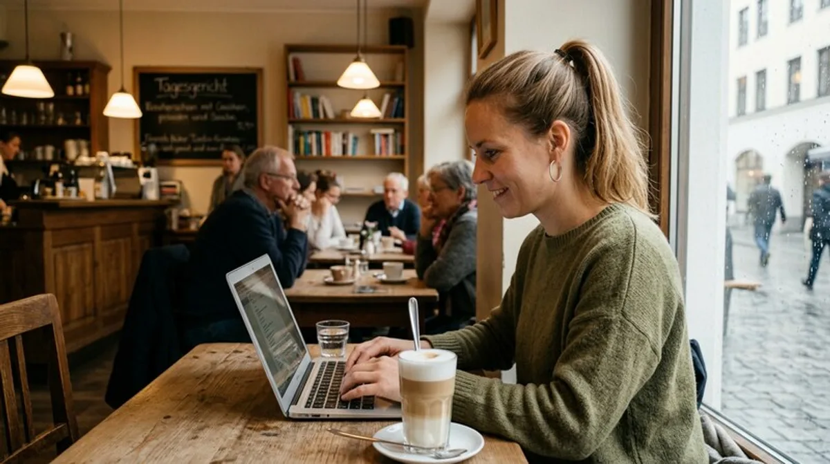 Tippt frau laptop latte macchiato cafe muenchen