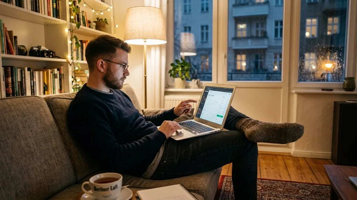 Wohnzimmer mann laptop finanz app entspannt abend berlin